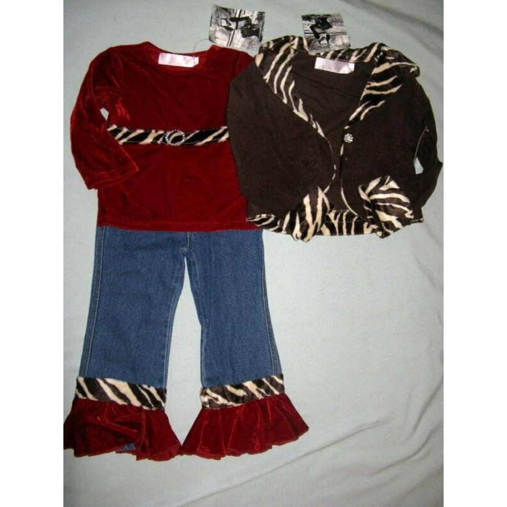 $103 NWT Greggy Girl CHOCOLATE CHERRY 4 4T Set Jeans Tiger Print Jacket Velour